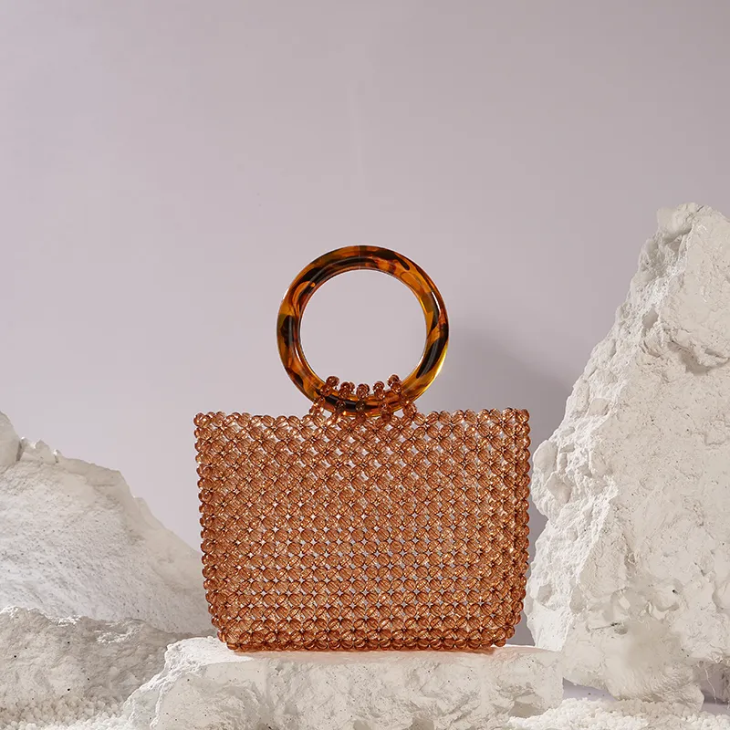 Customized evening bag amber brown vintage acrylic crystal beaded handmade resin handbag