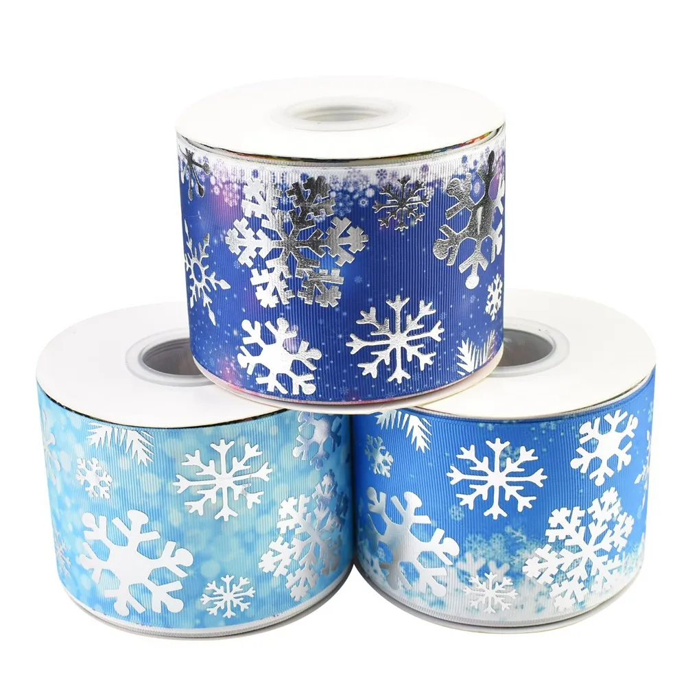 50yards 75mm Silver Foil Winter Snowflake Christmas Grosgrain Ribbon For DIY Accessories Welcome Custom Printed