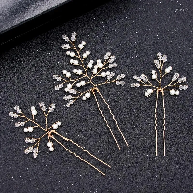 Hårklipp Barrettes Ly Golden Beaded Hairpin Clip Headdress Comb Back Ornament Bridal Bröllop Decortation 3pcs