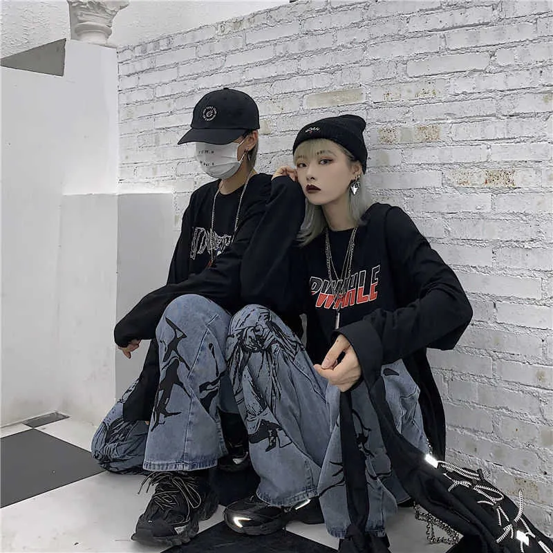 Harajuku Femmes Jean Pantalon Streetwear Imprime Hippie Denim Pantalon Coreen Large Jambe Pantalon Vintage Ample Pantalon Streetwear Femme 210616 Du 11 22 DHgate