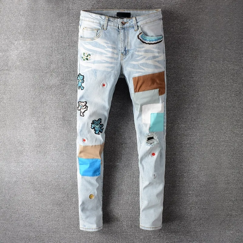 Fashion Desiger Man Long Slim Jeans with Cartoon Embroidered Pattern High Quality Light Blue Patchwork Demin Streetwear Pants