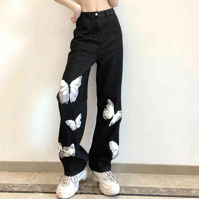 Papillon Imprimer Noir Y2K Denim Pantalon Femmes Mode Jeans Pour Filles Vintage Taille Haute Pantalon Femme Capris Streetwear 210415