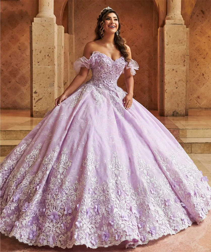 Lavendel 2021 Quinceanera-Kleider, schulterfrei, Spitze, applizierte Blumen, Sweet-16-Kleid, Festzugskleider, Abendkleider für 15 Jahre