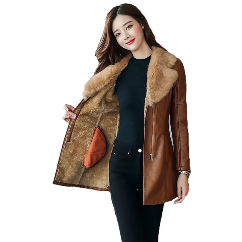 Kvinnor Faux Leather Coat Plus Storlek Slim Koreansk Långärmad Plus Velvet PU Höst Vinter Fashion Warmth Jacket LR575 210531