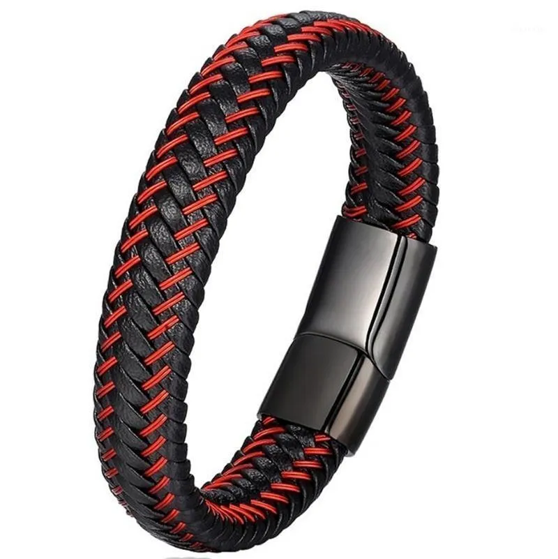 Pulseras con dijes Joyería para hombres Pulsera de cuerda de cuero trenzada roja Hebilla magnética negra para