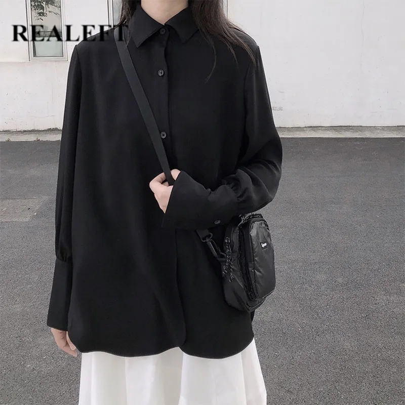 Camicette da donna primaverili Camicie a maniche lunghe Colletto rovesciato Stile coreano OL Vintage Office Lady Nero Top da donna 210428