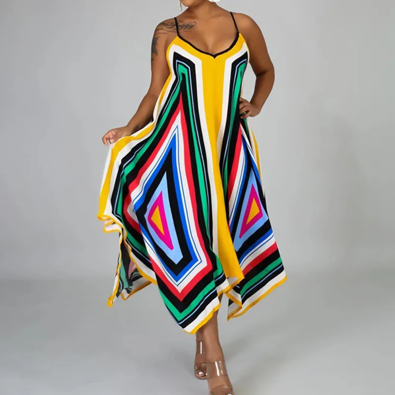 Moda Boho Długie Maxi Sukienka Kobiety Letnie Panie Bez Rękawów Geometryczna Drukowana Plażowa Dress Wieczór Party Casual Dresses Vestidos 210521