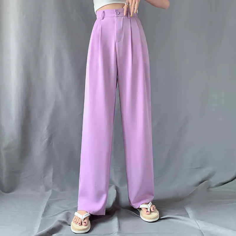 Plus Size Summer Purple Chic Women's Wide Leg Pants High Waist Elegant Long Pants Work Casual Loose Trousers Female 210522