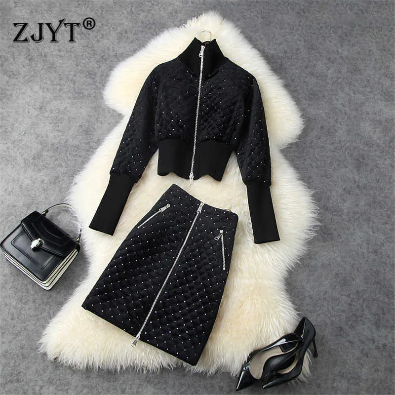 활주로 패션 겨울 복장 여성 Sequined Lantern 슬리브 짧은 자켓 및 스커트 슈트 2 개 일치 세트 210601