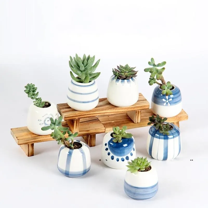 NUOVODecorativo Moda Succulente Fioriere Desktop Home Ceramica dipinta a mano Vaso da fiori Rotondo Carnoso Creativo Vasi da fiori nave marittima EWB7938