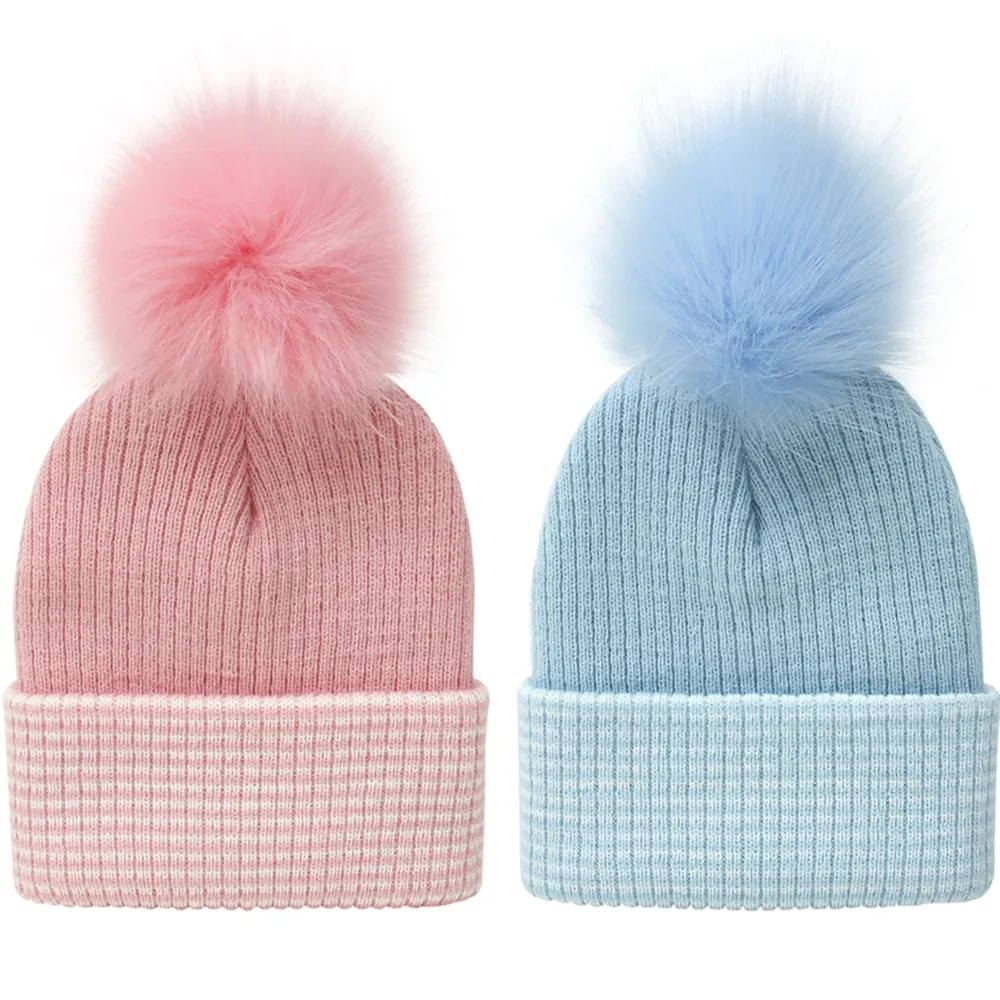 Chapeaux rayés en laine tricotés chauds et confortables pour bébés filles, casquettes avec boule moelleuse, couvre-chef pour enfants, accessoires de photographie