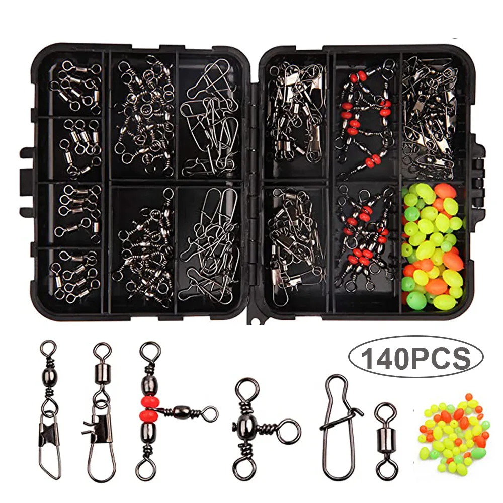 140st Box Fishing Accessories Equipment Kit med tackla Box Snaps Ball Bearing Triple Swivel Connector Fiske Set Saltwater Freshwater Fishing Gear