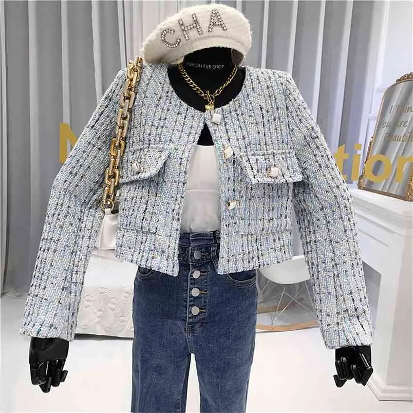 가을 겨울 여성 작물 탑 한국 빈티지 트위드 자켓 코트 고품질 작은 향수 우아한 짧은 모직 outwear 210514