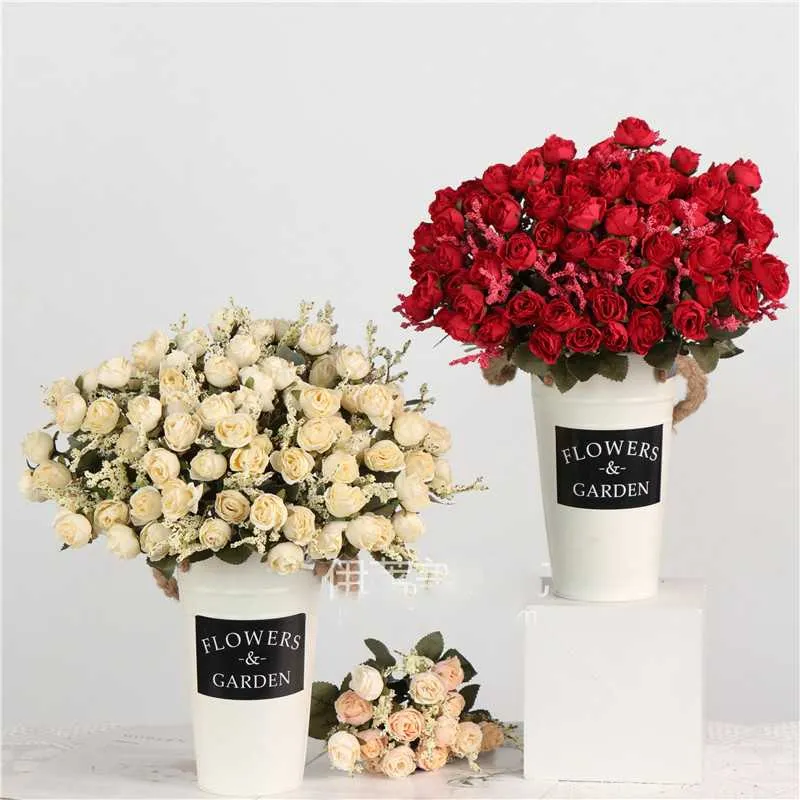 Artificial Silk Tea Roses Flowers 15 Heads Bouquet Fake Flower Bridal