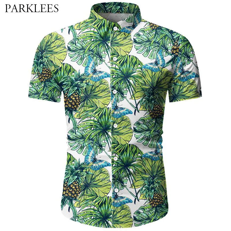 Мужчины тропическая гавайская рубашка лотос листьев бабочка ананас напечатанные мужские летние короткие рукавы рубашки вскользь праздник мужская одежда 210524