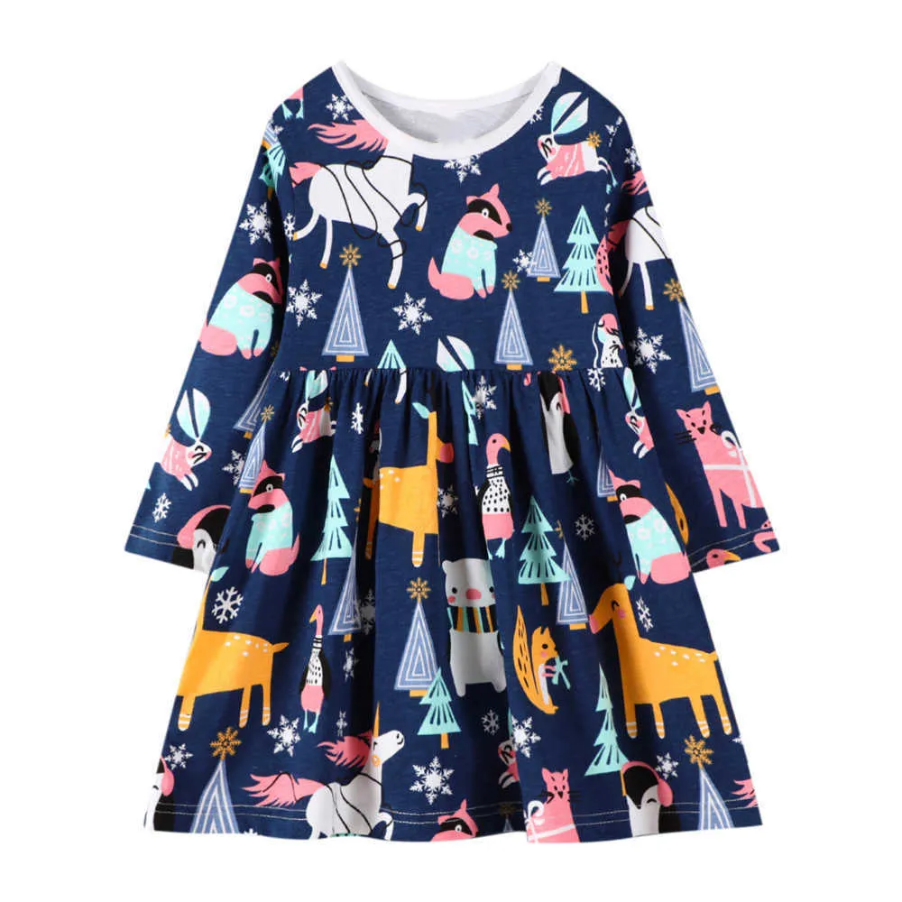 Jumping Meters Long Sleeve for Autumn Spring Children Girls Animals Cotton Fashion Party Dresses Kids Clothing 210529