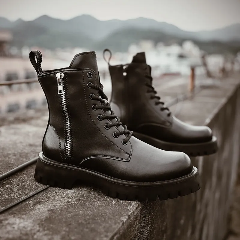 2022 New Men's Martin Boots Warm Plus Velvet Black Leather Short Boots British Style Work Shoes Autumn and Winter