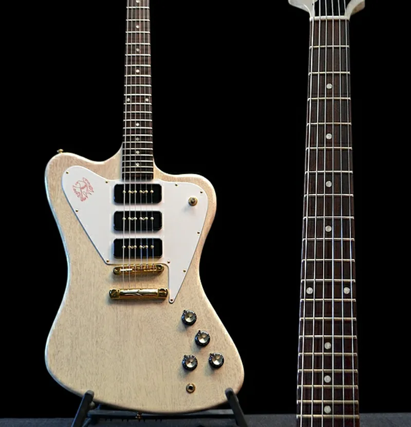 Custom Shop Non Reverse Fire Thunderbird Guitare Électrique Naturelle ABR-1 Pont Cordier, Micros P90 Noirs, Pickguard Blanc, Quincaillerie Dorée