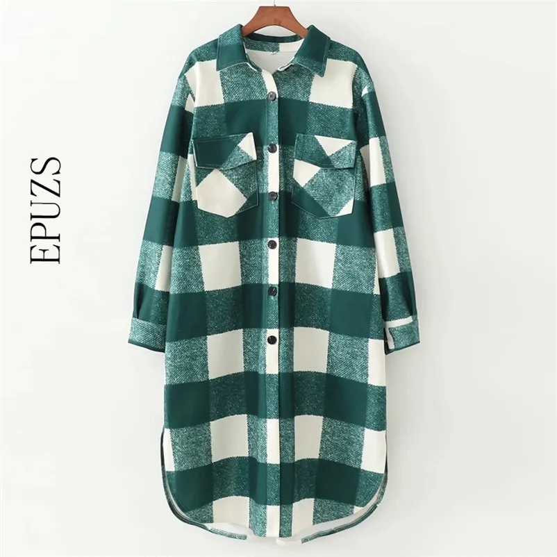 Vintage Loose Woolen Jacka Kvinnor Plaid Coat Casual Långärmad Tjock Kvinna Outwear 210521