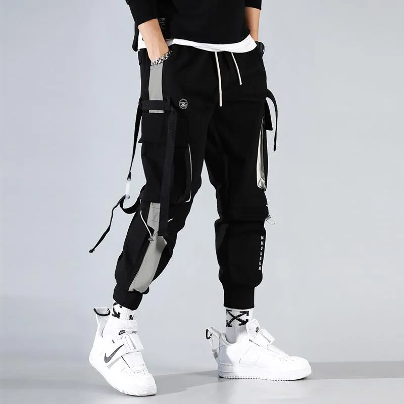 Mode hommes rubans couleur bloc noir poche Cargo pantalon Harem Joggers Harajuku pantalon de survêtement Hip Hop pantalon pantalon de survêtement