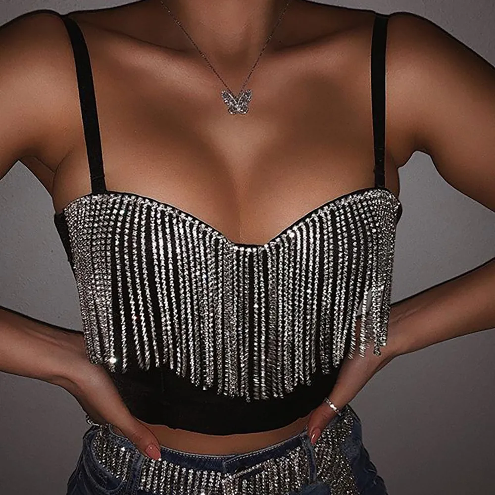 Sexy Tanks Tassel Rhinestone Nightclub Push Up Bralette With Built In Bra Cropped To Wear Out Corset Tops Female Camis Crop Top Womens