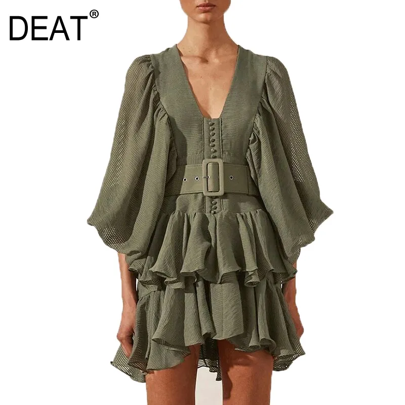 Deat Summer Moda Mulheres Roupas Lanterna Mangas V-Neck Pullover Ruffles mini comprimento vestido feminino vestido wr52506L 210428