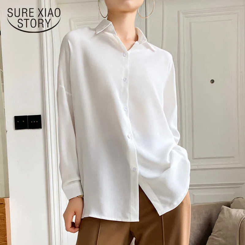 Solid chic chiffon Blouse Women Multi color Casual Lapel Loose Long Sleeve Elegant Casual Plus Size White Pink Tops 9862 210528