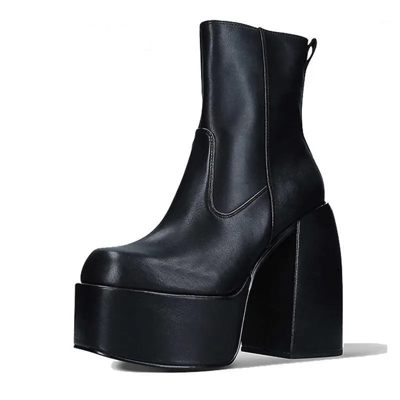 Boots Сексуальный коренастый каблук для каблуки Женщина платформы высокие каблуки зимняя эластичная микрофибр длинной леди панк туфли черный размер 43