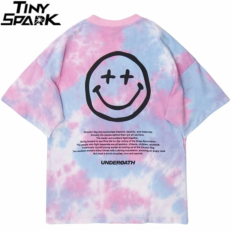 Mężczyźni Tie Dye Letter Drukuj T Shirt Hip Hop Streetwear Harajuku Tshirt Summer Krótki Rękaw T-shirt Bawełniane Casual Tops Tees 210726