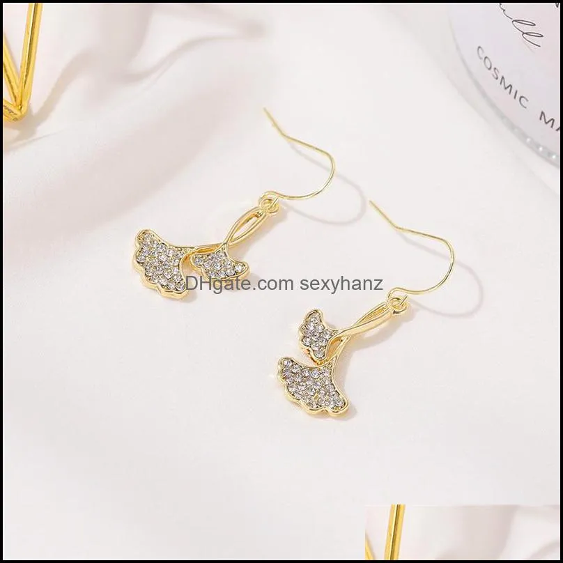 Double Ginkgo Leaves Earrings Stud With Diamond Alloy Long Earring Hook Women Business Party Gift Dinner Ear Drop Plant Jewelry Accessories