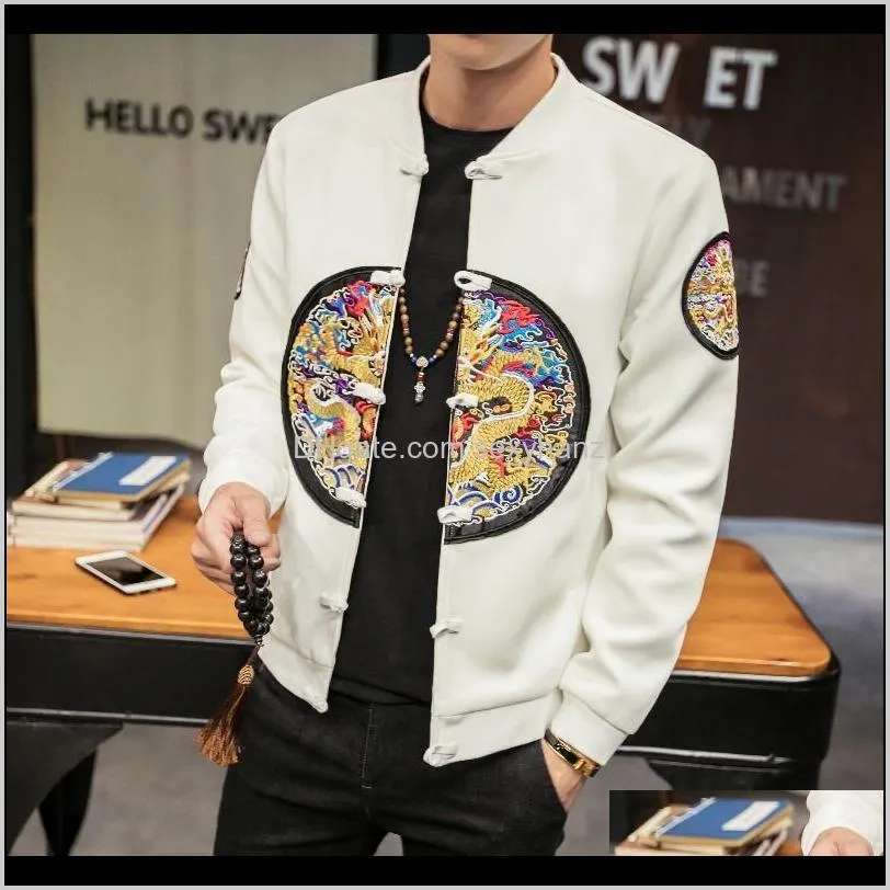 Mens Höstlackar Kinesisk stil Dragon Broderi Slim Fit Bomber Jacka Klassisk Retro Pan Kou Långärmade Jackor Män 5xlm 7Y40S Nyh4z