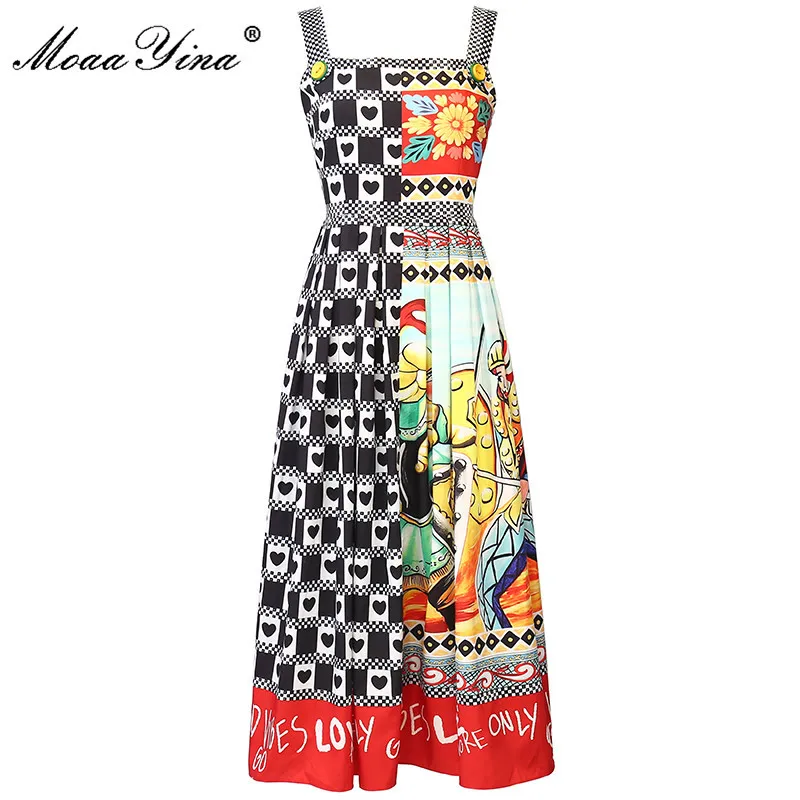 Summer Runway Vintage Party Dress Kobiety Spaghetti Pasek Moda Plaid Letter Print Midi 210524