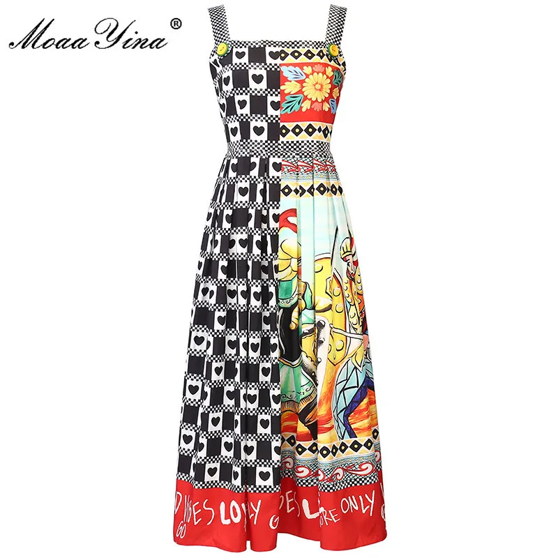 Sommarbanan Vintage Party Dress Women Spaghetti Strap Fashion Plaid Letter Print Midi 210524