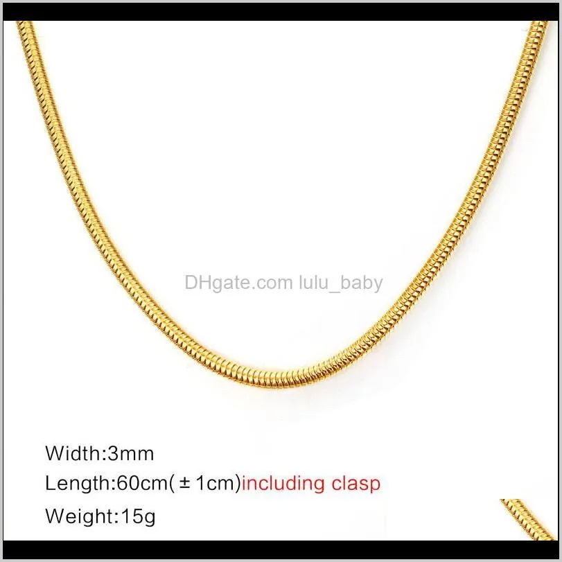 3mm Men` s Women`s Round Snake Chain Necklace in Gold Stainless Steel Solid Unisex Jewelry Anniversary Gift 24 inch