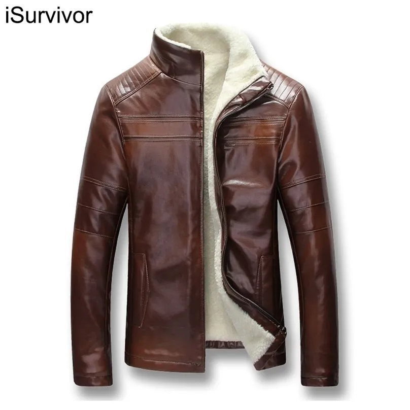 iSurvivor Men Winter Thick Fleece PU Leather Jackets Coats Hombre Male Casual Fashion Slim Fit Large Size Zip 220301