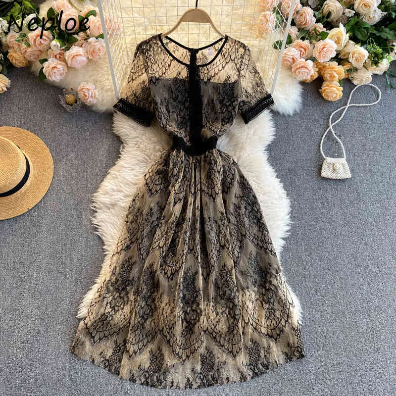 Neploe Vintage French Temperament Dress Women High Waist Hip A Line Lace Slim Vestidos O Neck Pullover Short Sleeve Robe Summer 210423