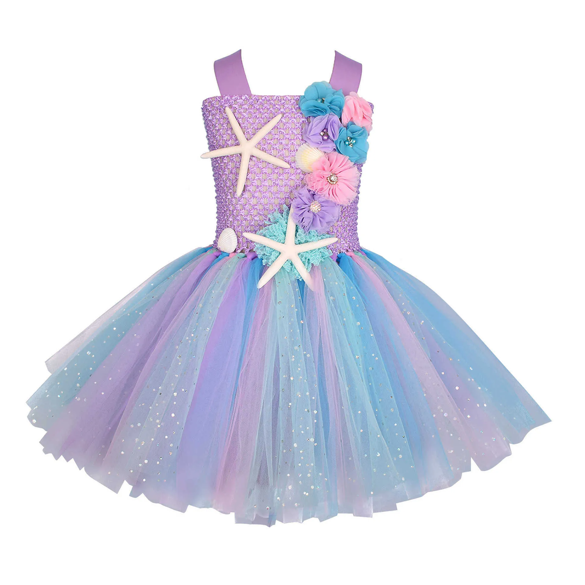 Girls Pastel Mermaid Tutu Dress Under The Sea Theme Birthday Party Costume with Flower Headband Ocean Flower Dresses 1-12y Q0716