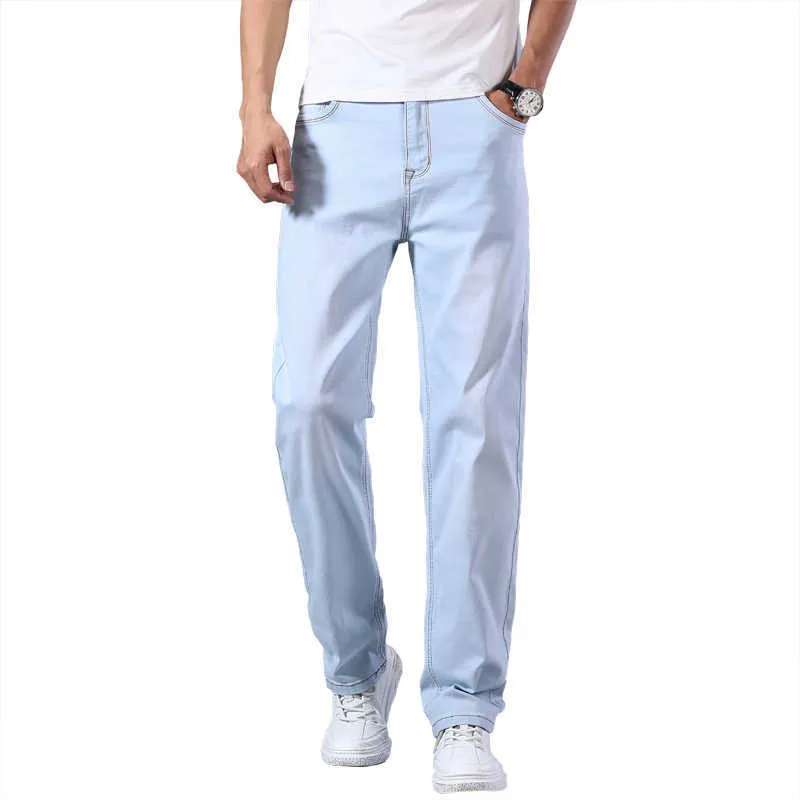 7 Farben Herren leichte gerade lockere Jeans Frühling/Sommer Marke hochwertige Stretch bequeme dünne lässige Jeans 210531