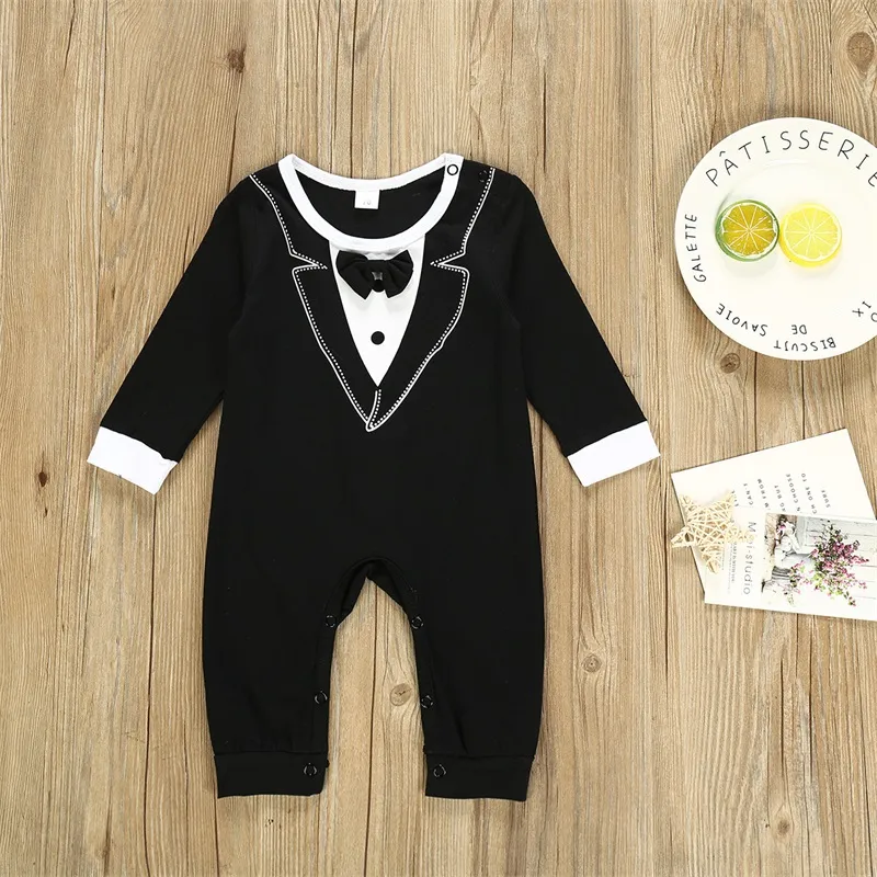 0-18m Baby Boy Romper Söt Born Spädbarn Boys Bowtie Gentleman Bröllopsfest Långärmad Outfit Jumpsuit Sommar Kläder Jumpsuits 1863 Y2