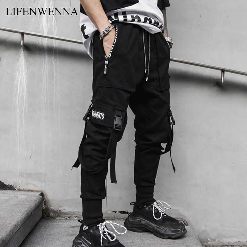 Lifenwenna Spring Hip Hop Joggers Men Black Harem Pantsマルチポケットリボン男スウェットパンツストリートウェアカジュアルメンズパンツM-XXL 210528