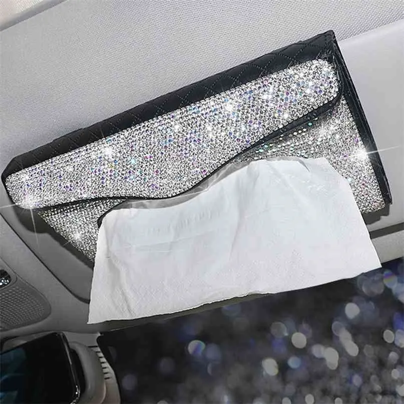 1 Pcs Car Styling Interior Cute Tissue Box Paper Case with Crystal Diamond Pu Decoration Accessories 210818