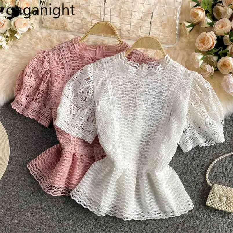 Sexy Lace Hollow Out blusa Mulheres Vintage Puff Manga Curta O Pescoço Camisa Feminina Elegante Crochet Floral Blusa Tops 210601