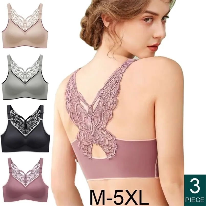 3pcs / set thai latex plus storlek underkläder kvinnor ingen stål ring fjäril vacker tillbaka sexig samla bekväm väst stil bh d 220311