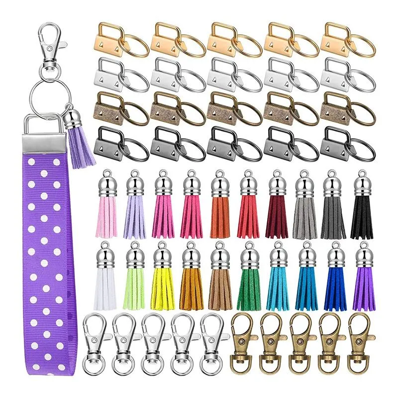 Keychains 60 PC 키 FOB 하드웨어 세트 키 링 및 키 체인 Tassel 스위블 스냅 후크가있는 20 개의 손목띠가 포함됩니다.