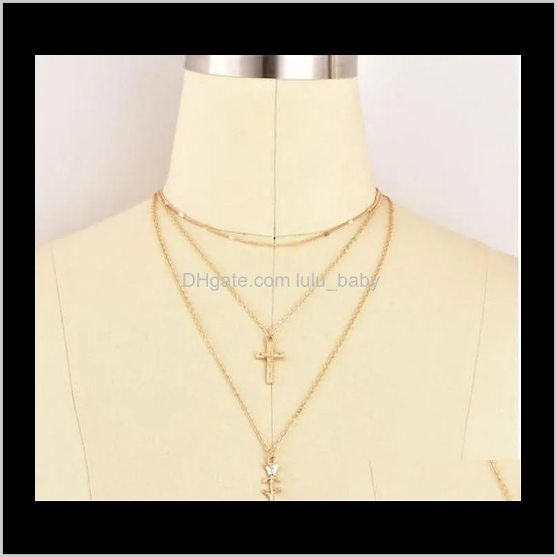 Womens Jewelry Multi Layer Necklaces Rose Cross Charm Chokers Necklaces Gold Filled Gifts For Womens /Girls