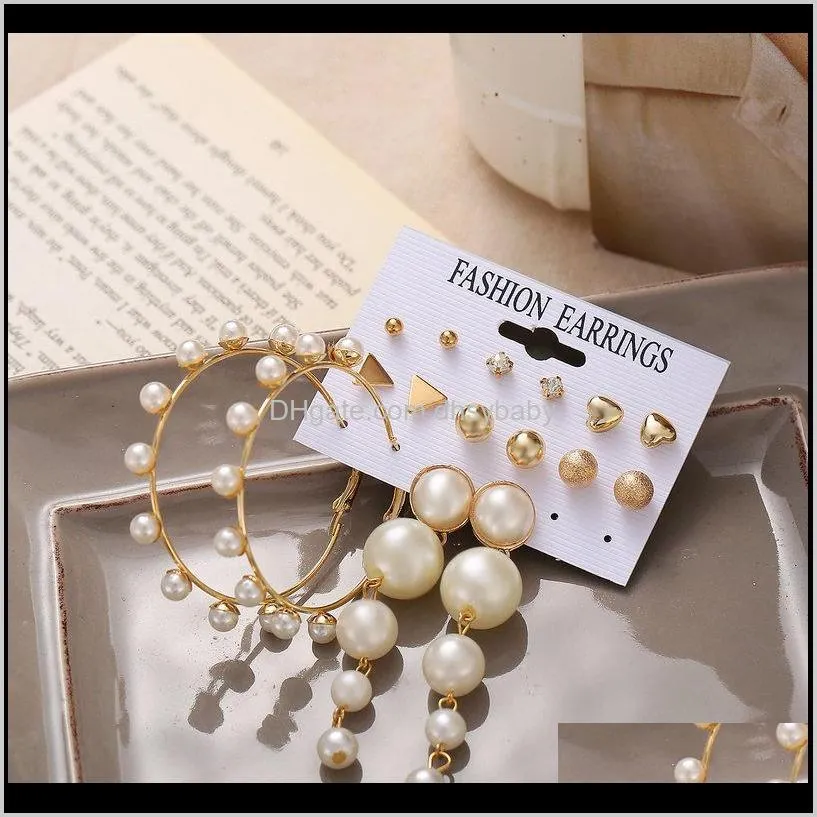 8 pairs/ set women bohemian circle pearl earrings creative retro simple stud hoop earrings fashion jewelry