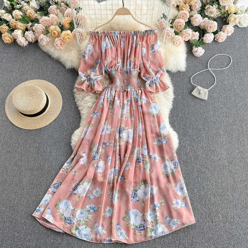 Bohemian Blomstryck Kvinnor Chiffon Klänning Sexig Slash Neck Short Flare Sleeve A-Line Off Shoulder Slim Vestidos Kvinna 2021 Ny Y0603