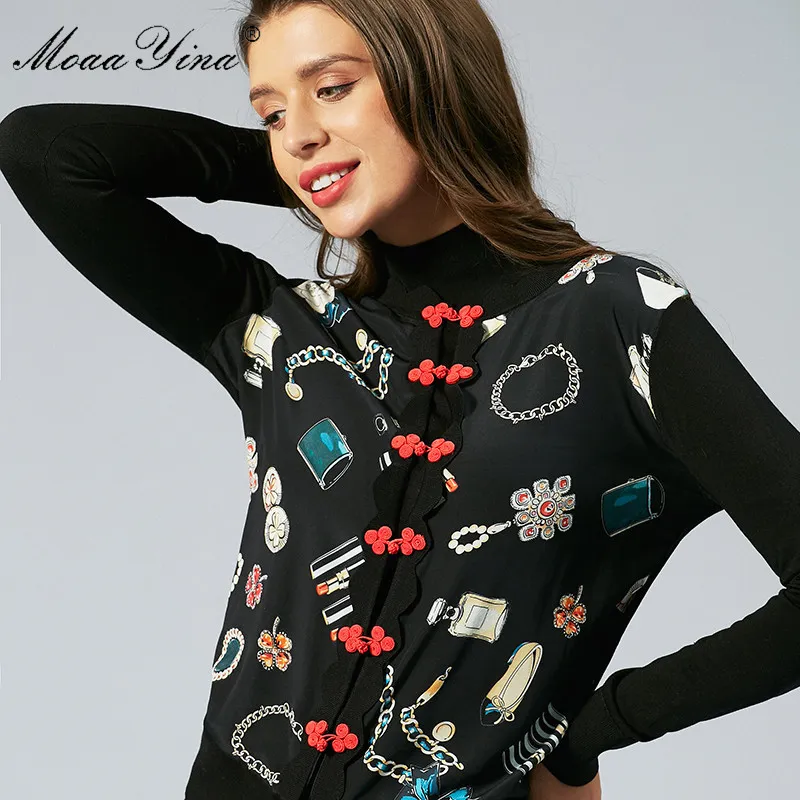 Fashion Spring Autumn Long sleeve Black Knitting Tops Women's Elegant Print Cardigans Silk Wool Sweater 210524