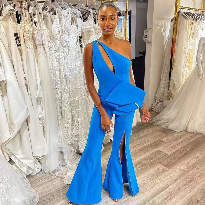 Unique One Shoulder Jumpsuit Prom Dresses 2021 Side Split Pants Cocktail Party Gowns Keyhole Ruffles Satin Oufit Evening Wears