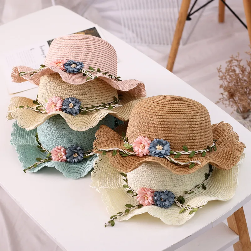 kids bucket hat summer woven ribbon sun flower sunscreen beach fashion small fresh flower shade